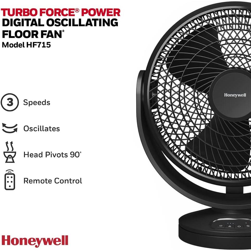 Honeywell Large Floor Fan Turbo Force Digital Oscillating - 3 Speeds and 90 Degree Pivot), Black, (HF715BEV1)