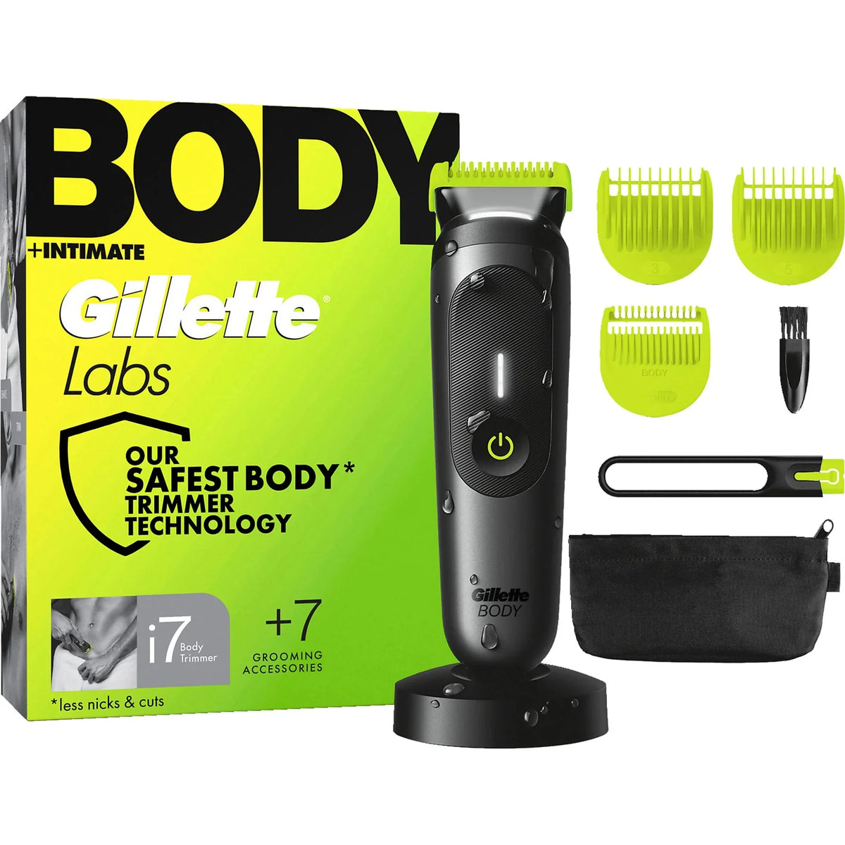 Black Gillette Labs i7 body trimmer with lime green blade, charging base, three combs, cleaning brush, and storage pouch.