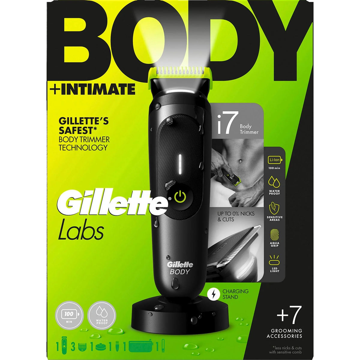 Black Gillette Labs i7 body trimmer with lime green accents, LED light, and charging stand on a green and black product box.