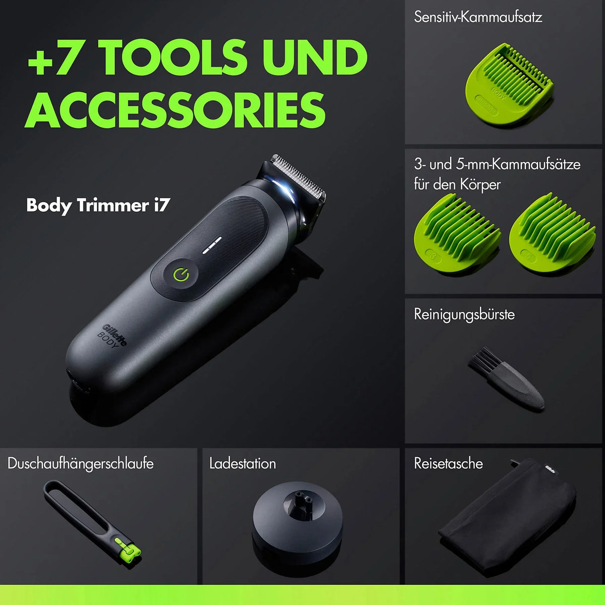 Gillette Labs i7 body trimmer in dark grey with green accents, including three comb attachments, charging base, and accessories.