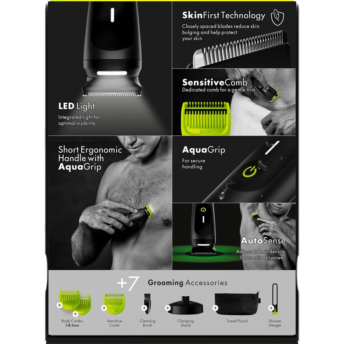 Gillette Labs i7 body trimmer in black with lime green accents, showing LED light, AquaGrip handle, and grooming accessories.