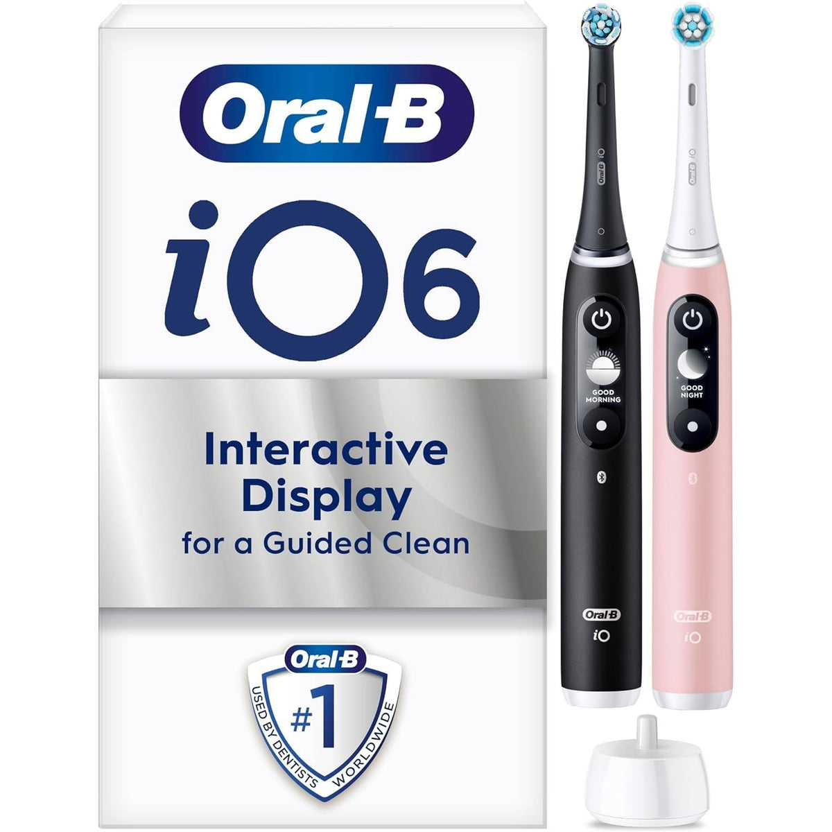 Oral-B iO6 electric toothbrush set in Black Lava and Pink Sand with interactive displays and charging base.