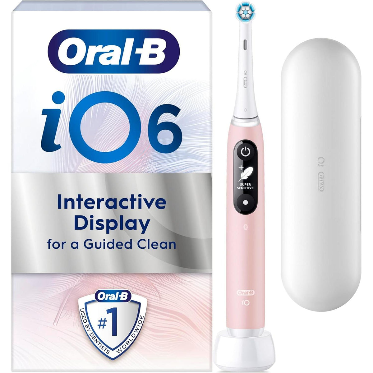 Pink Sand Oral-B iO6 electric toothbrush with interactive display, brush head, and white travel case next to product box.