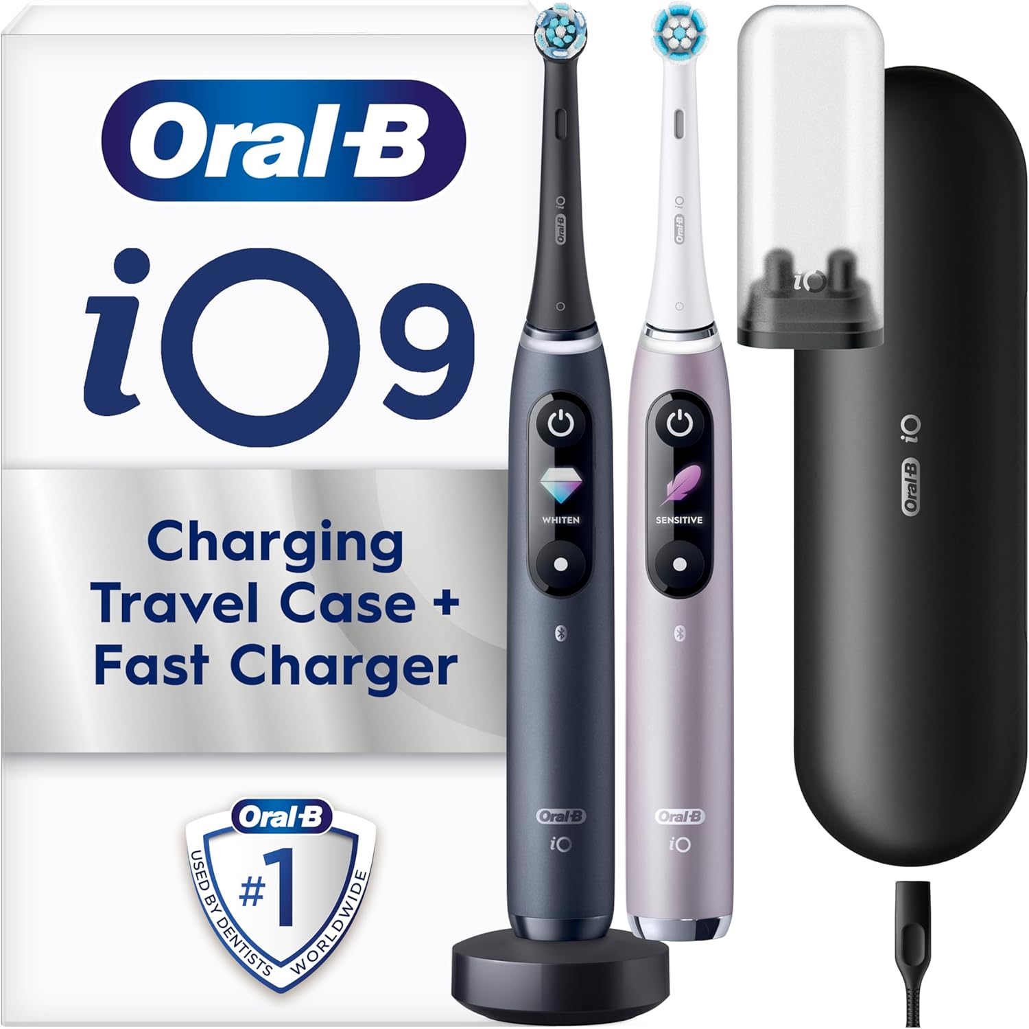 Oral-B iO9 2 x Electric Toothbrushes , 2 Toothbrush Heads & Charging Travel Case, 7 Modes with Teeth Whitening, 2 Pin UK Plug, Black