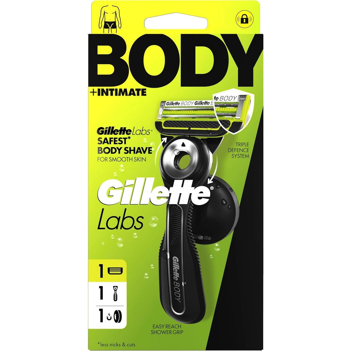Gillette Labs body and intimate razor in black and lime green packaging with a magnetic shower hanger and flex disc head.