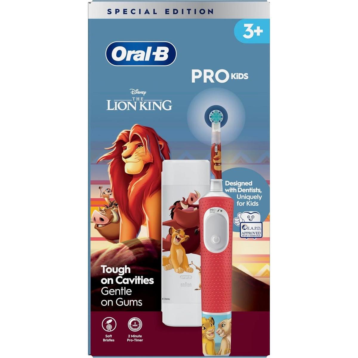 Oral-B Pro Kids Lion King electric toothbrush in red with travel case, brush head, and decorative character stickers.