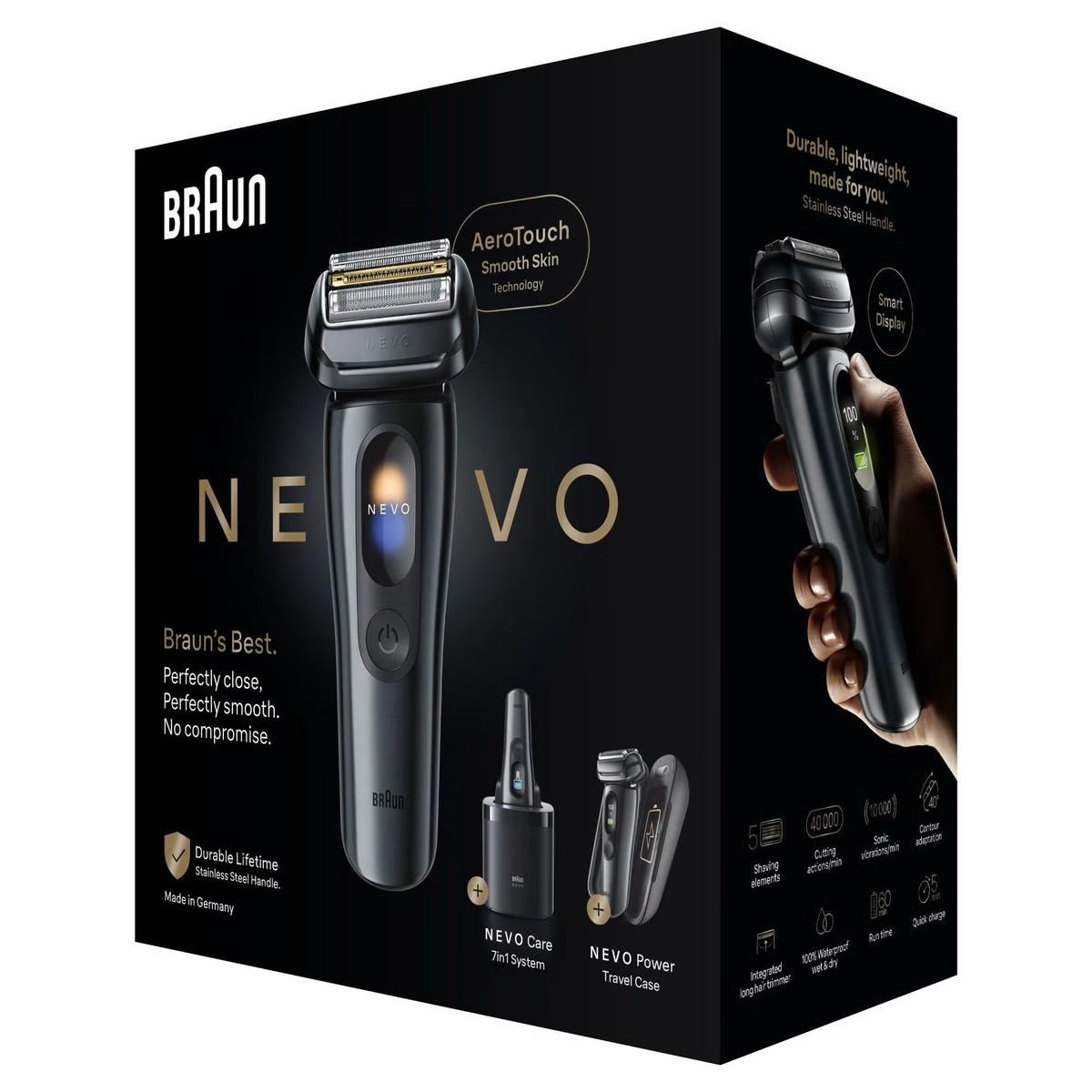 Graphite Braun Nevo electric shaver with stainless steel body, smart display, 7-in-1 care system, and power travel case in box.
