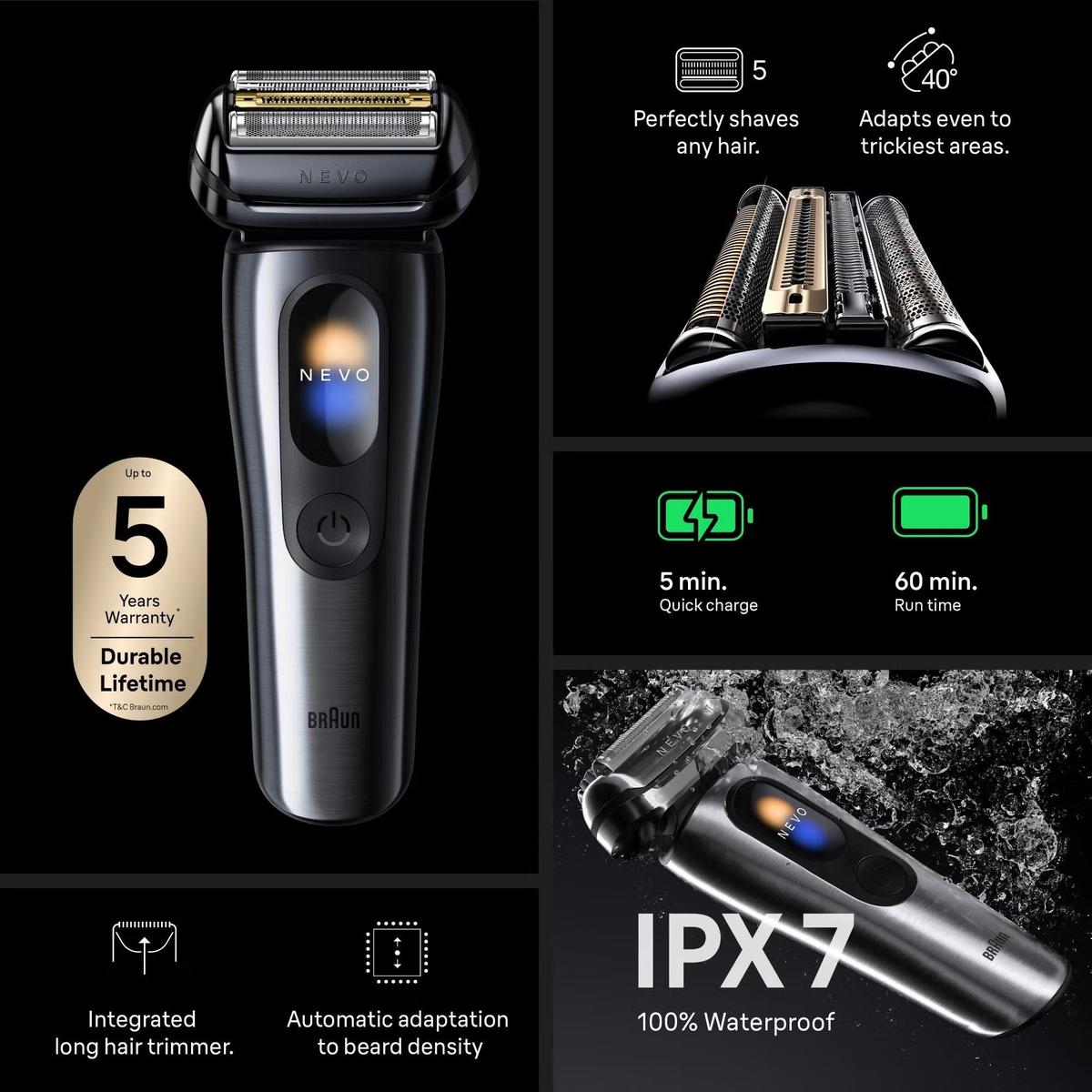 Graphite Braun NEVO electric shaver with stainless steel unibody, digital display, and 7-in-1 care system features.