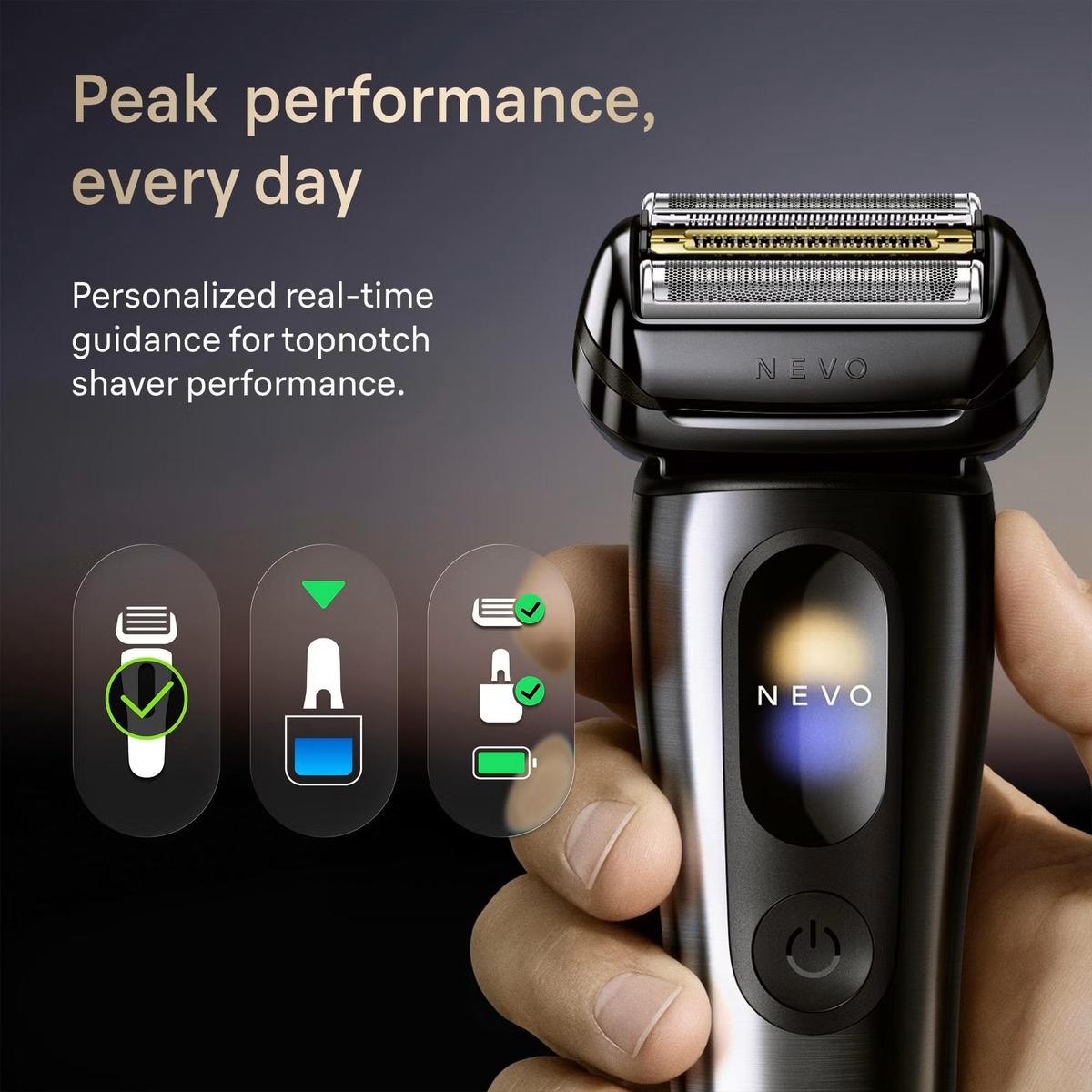 Graphite Braun NEVO electric shaver with stainless steel body, gold foil head, and smart display showing maintenance icons.