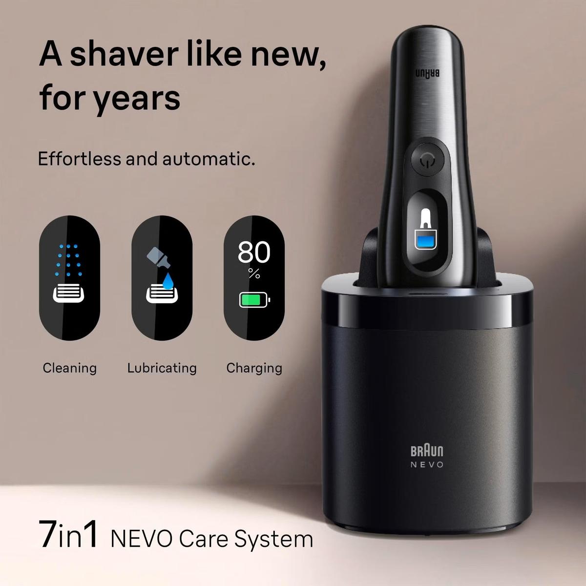 Graphite Braun Nevo electric shaver in a 7-in-1 care station with digital display icons for cleaning, lubricating, and charging.