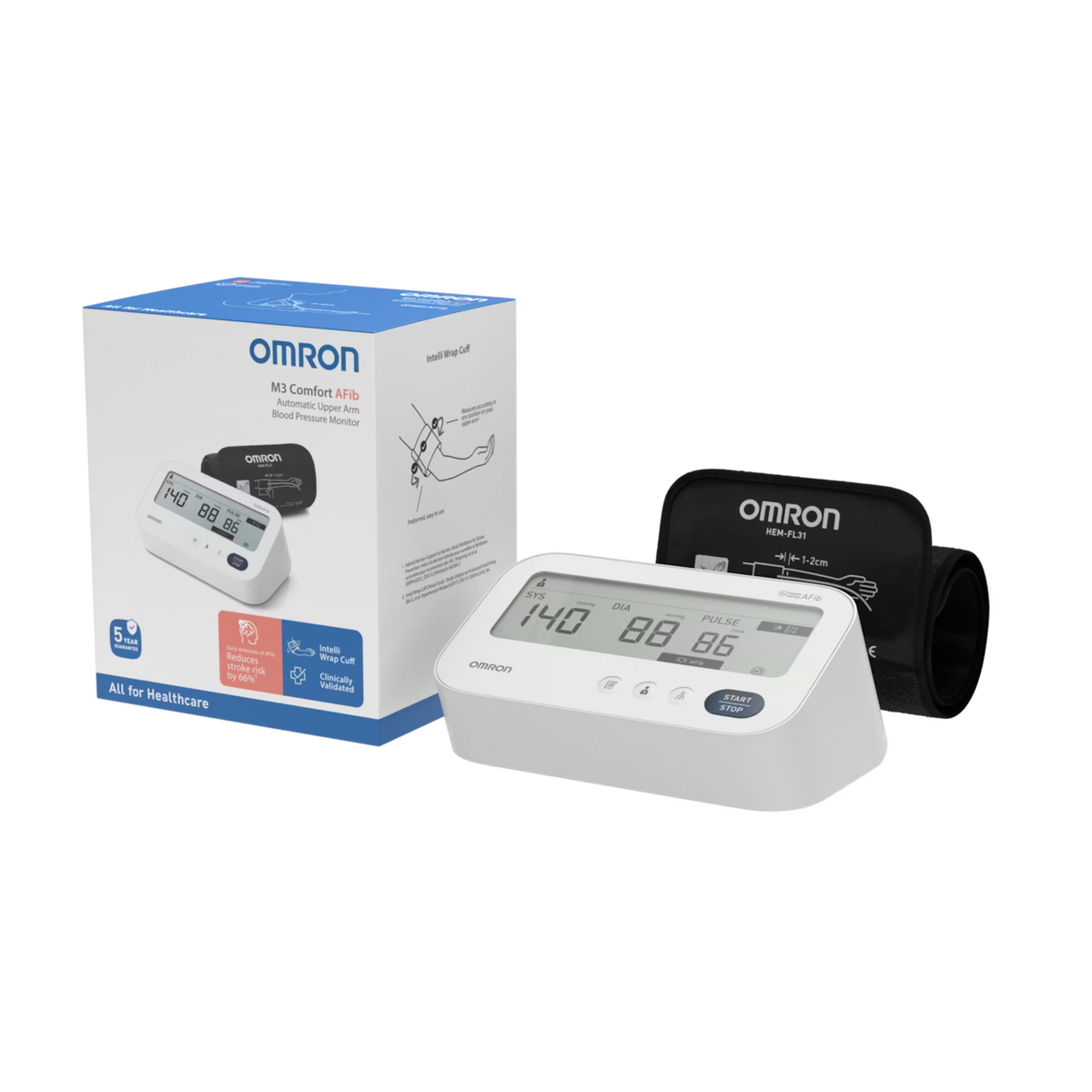 Omron M3 Comfort Automatic Digital Upper Arm Blood Pressure Monitor with Afib - Intelli Wrap Cuff (22–42cm)