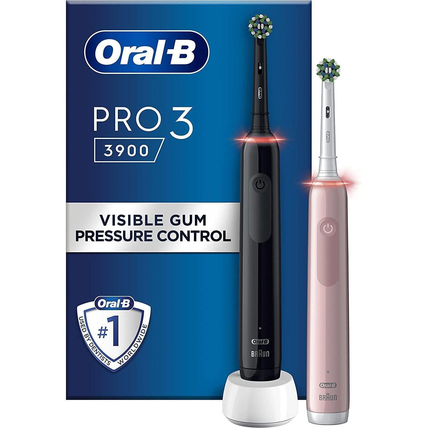Oral-B Pro 3 - 3900 - Set of 2 Electric Toothbrushes Pink & Black, 2 Handles with Visible Pressure Sensor, 2 Toothbrush Heads - Healthxpress.ie
