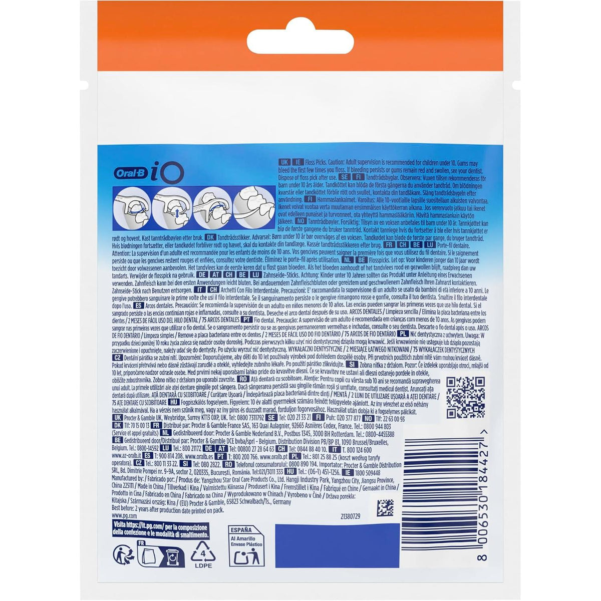 Back of Oral-B Simply Clean floss pick packaging with blue branding, product information, and usage instructions in multiple languages.