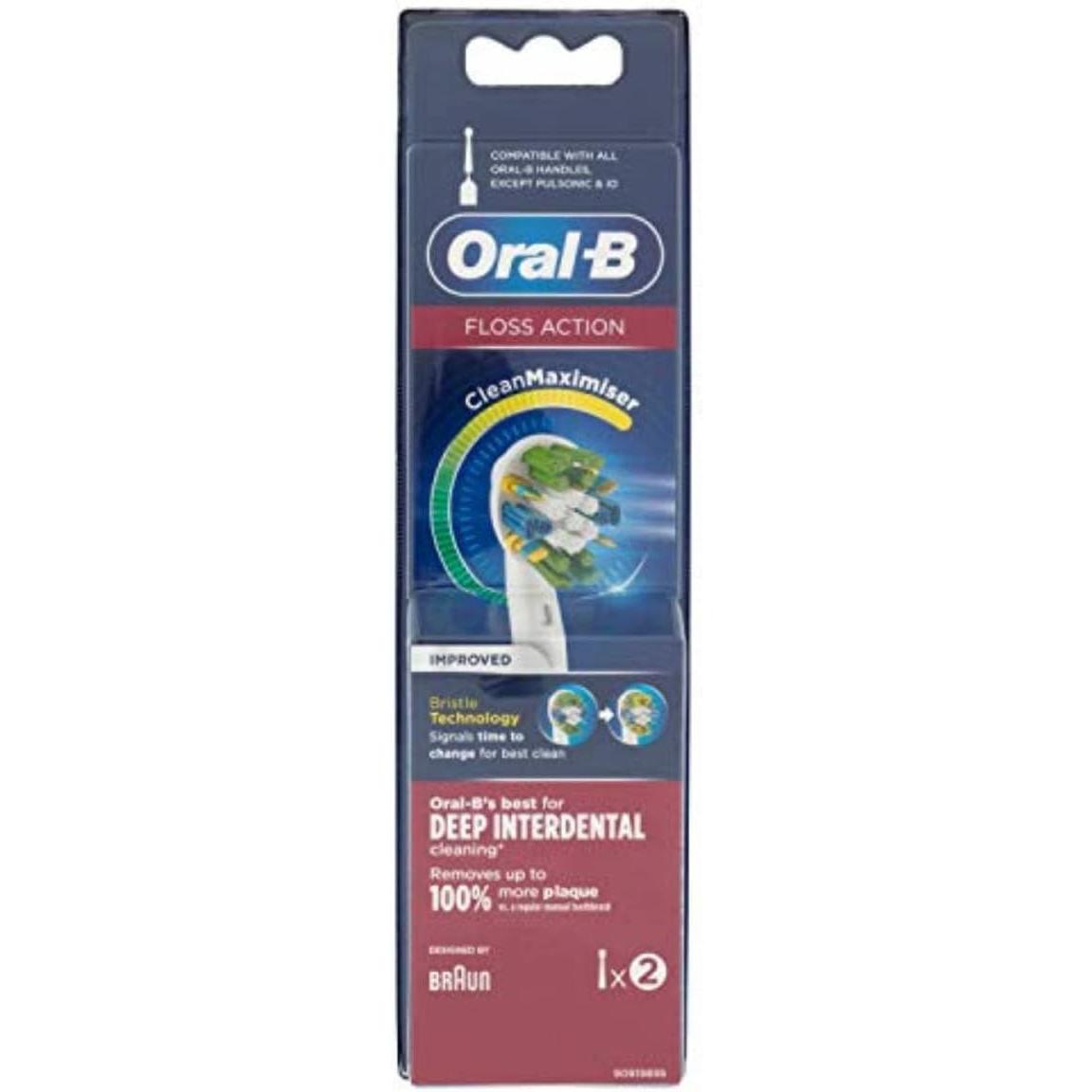 Oral-B Floss Action toothbrush replacement heads in a 2-pack box featuring green and yellow micro-pulse bristles.