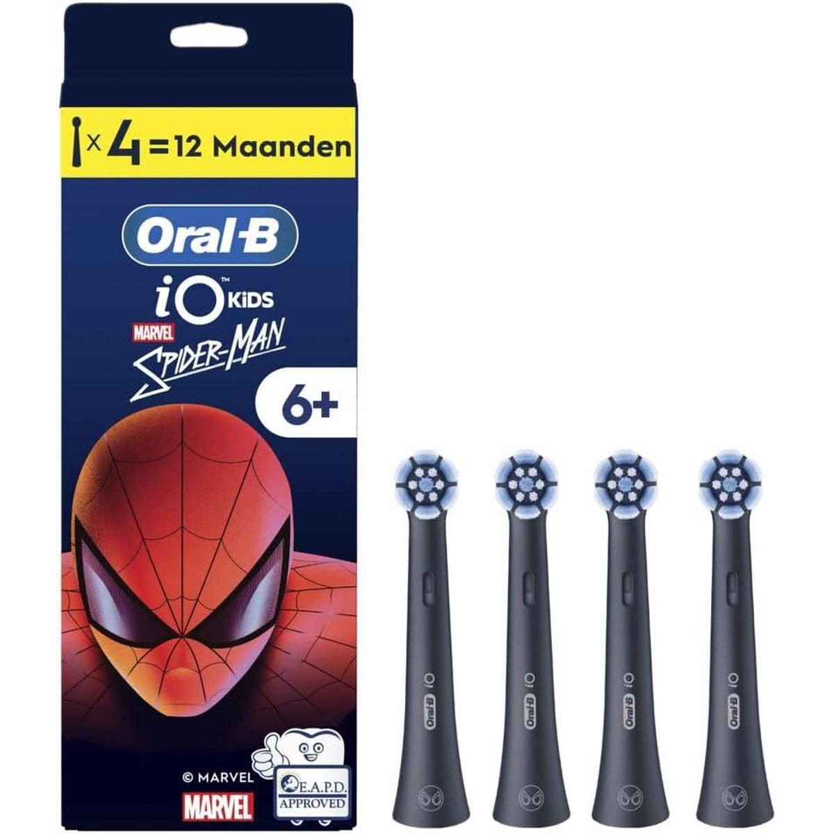 Four Oral-B iO Kids Spider-Man electric toothbrush heads with soft, blue-and-white color-changing bristles in packaging.