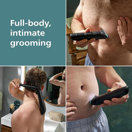 Black Philips body groomer with a triple-protect foil head being used for chest, back, and stomach grooming.