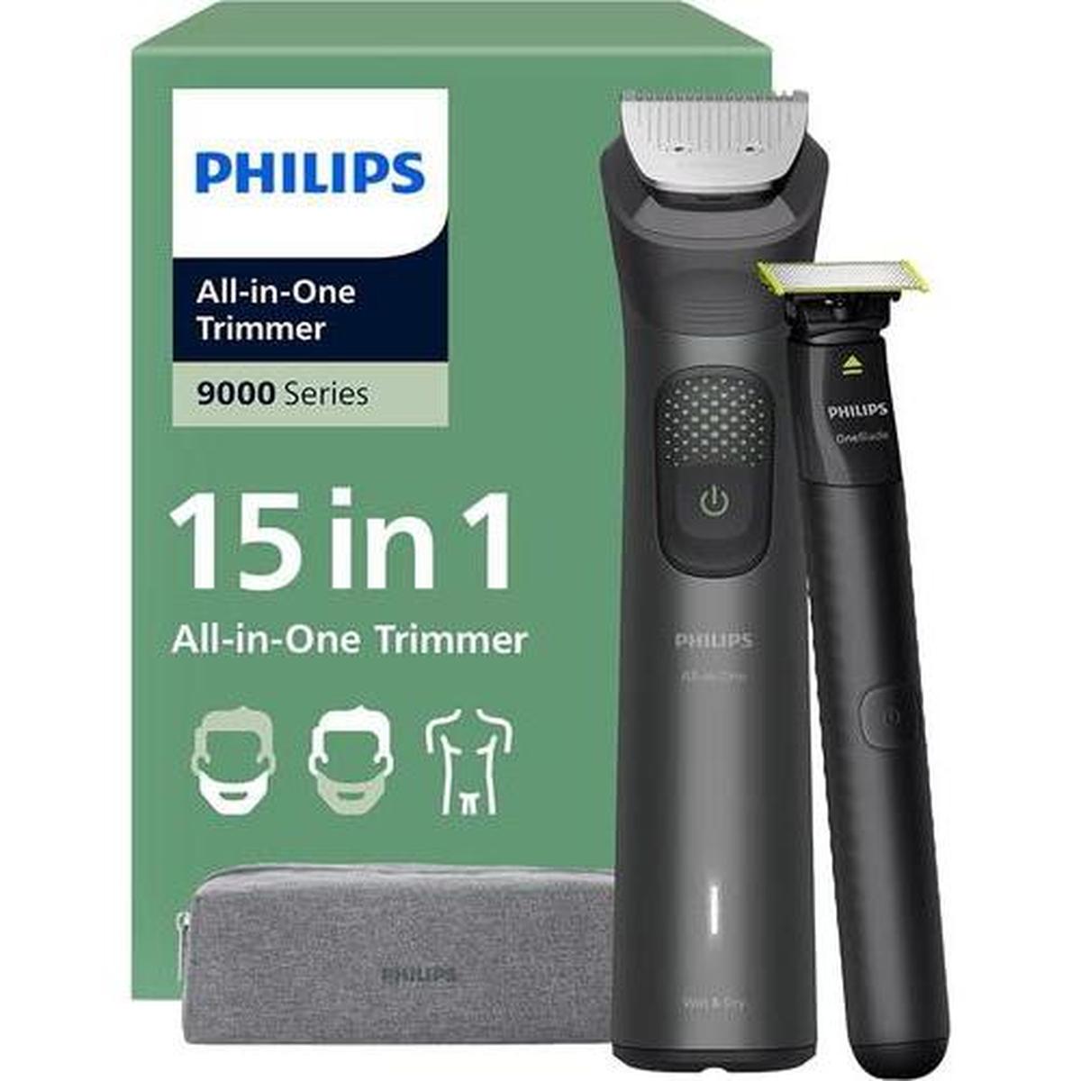 Philips 9000 Series 15-in-1 trimmer and OneBlade in matte black with a green product box and grey storage pouch.