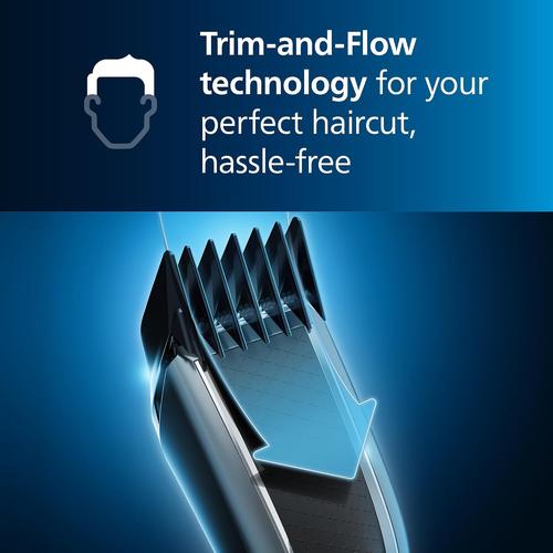 Philips Series 5000 hair clipper head showing Trim-n-Flow technology with a blue arrow indicating hair flow.