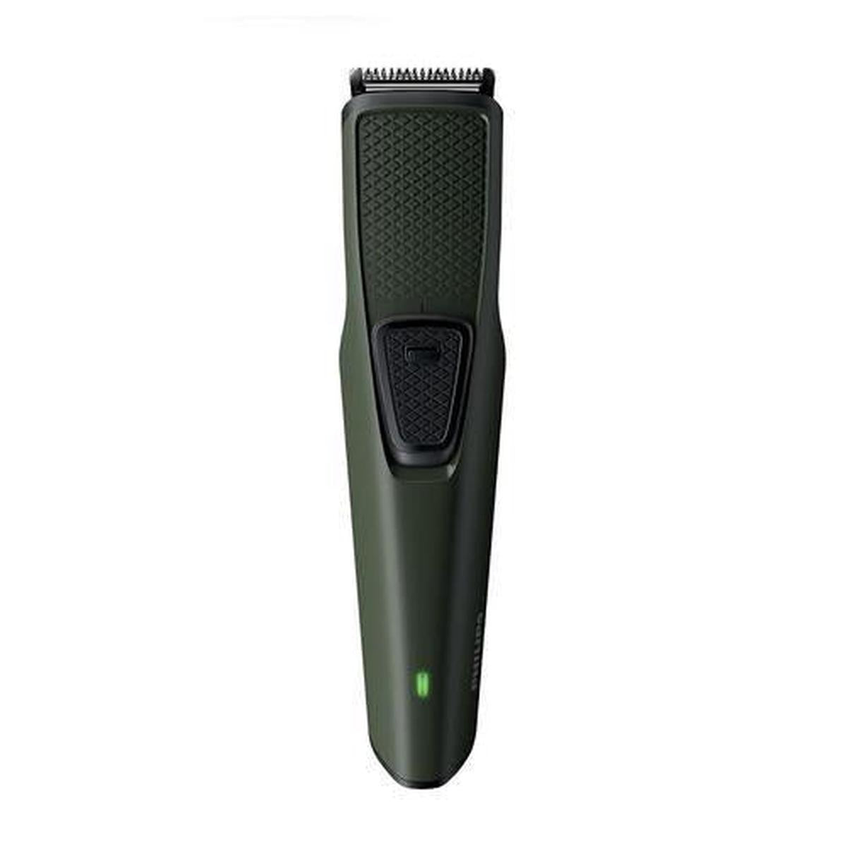 Philips Series 1000 beard trimmer in dark green with a textured black grip, power button, and green charging indicator light.