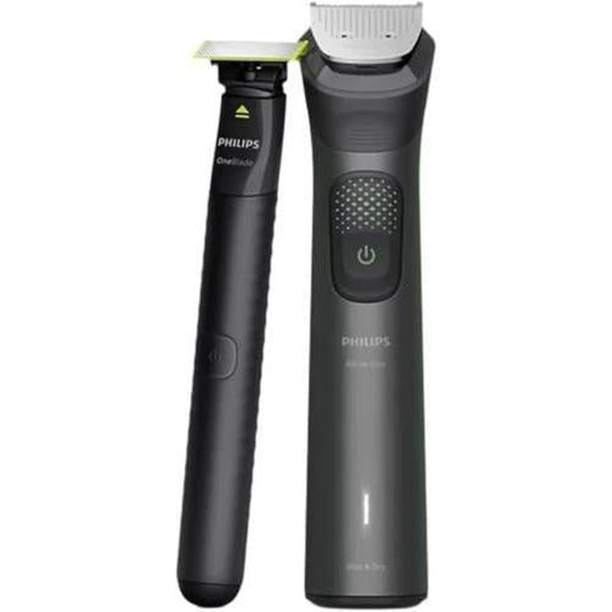 Philips 9000 Series all-in-one trimmer and OneBlade in matte black with silver steel blades and power indicators.