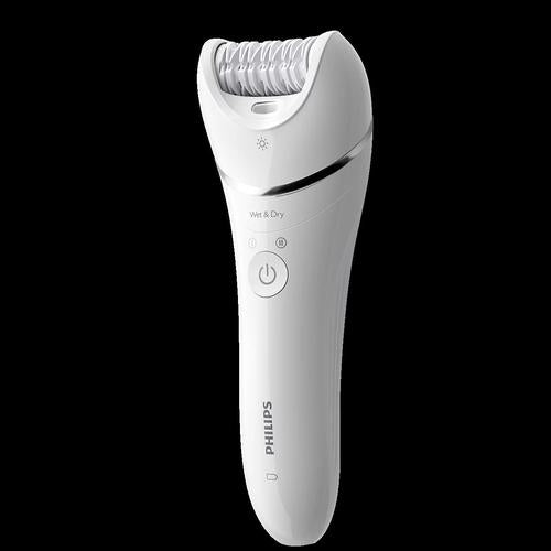 White Philips Series 8000 cordless wet and dry epilator with an ergonomic S-shaped handle and ceramic tweezers.