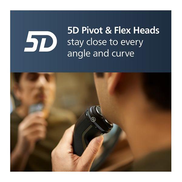 Man using a black Philips Series 3000 electric shaver with 5D Pivot and Flex heads for a close shave in front of a mirror.
