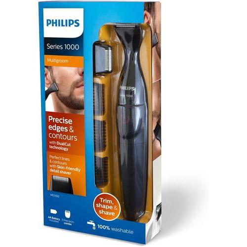 Philips Series 1000 black beard trimmer in retail packaging with three precision combs and a detail shaver attachment.