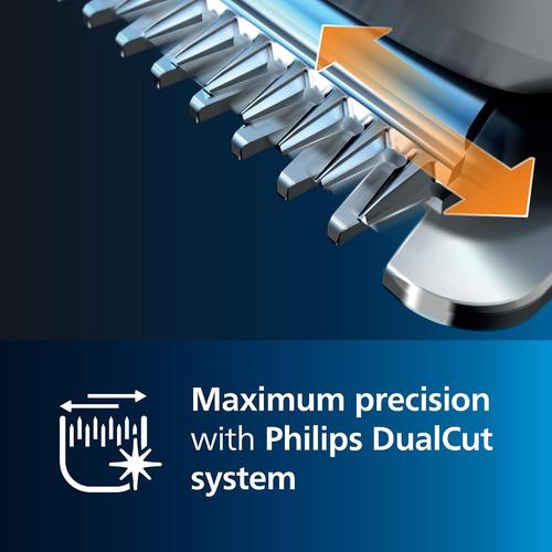 Close-up of sharp stainless steel Philips DualCut clipper blades with an orange motion arrow on a dark blue background.