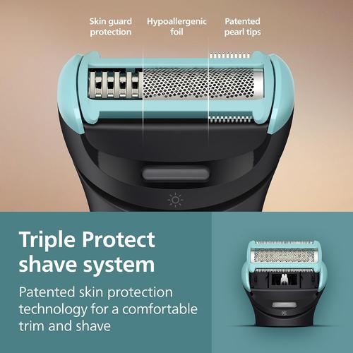Philips body groomer replacement head featuring a light blue frame, hypoallergenic metal foil, and skin guard protection.