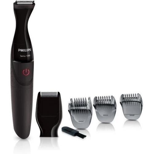 Philips Series 1000 black beard trimmer with detail shaver, three precision combs, and a small cleaning brush.