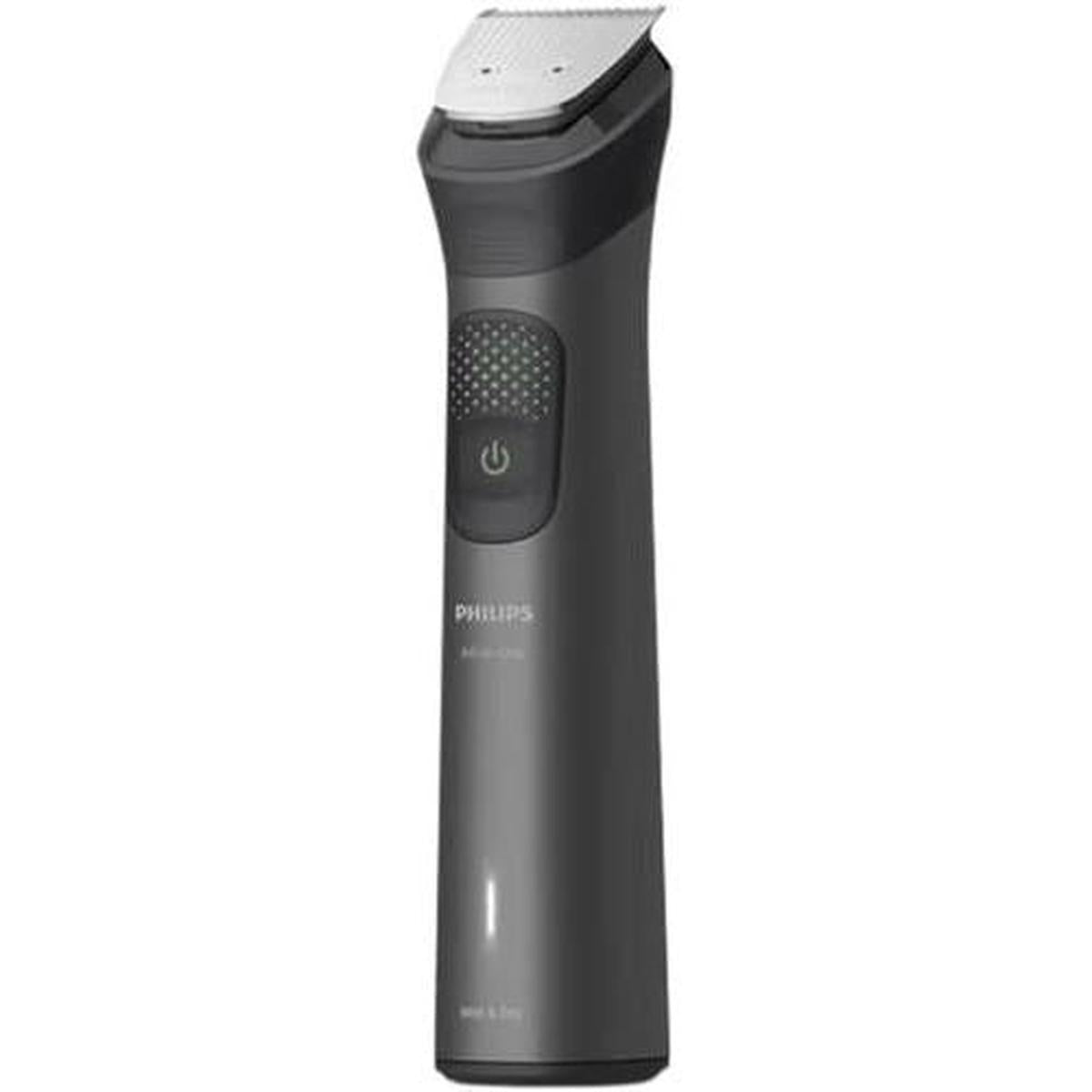 Philips 9000 Series all-in-one trimmer in charcoal grey with a metallic blade, power button, and ergonomic grip design.