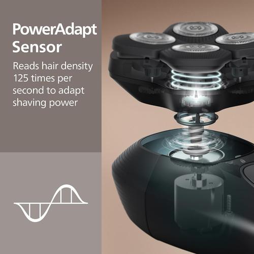 Philips Pro 5000 head shaver showing internal PowerAdapt sensor and 360-degree flexing blade mechanism.