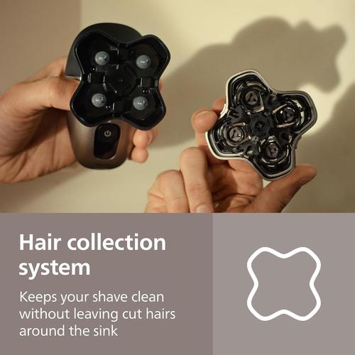Philips Pro 5000 head shaver showing the detachable 360-degree flexing blade unit and hair collection system.