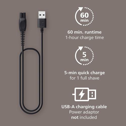 Black USB-A charging cable for Philips head shaver with 60-minute runtime and 5-minute quick charge icons.