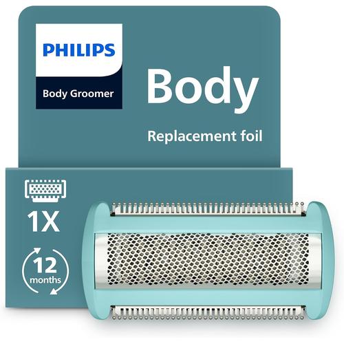 Philips Body Groomer replacement foil head with a light blue frame and silver diamond-patterned shaver mesh.