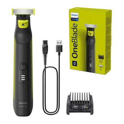 Black and lime green Philips OneBlade Pro shaver with charging cable, adjustable comb, and retail packaging box.