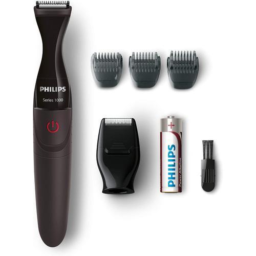 Philips Series 1000 black beard trimmer with three precision combs, detail shaver attachment, AA battery, and cleaning brush.