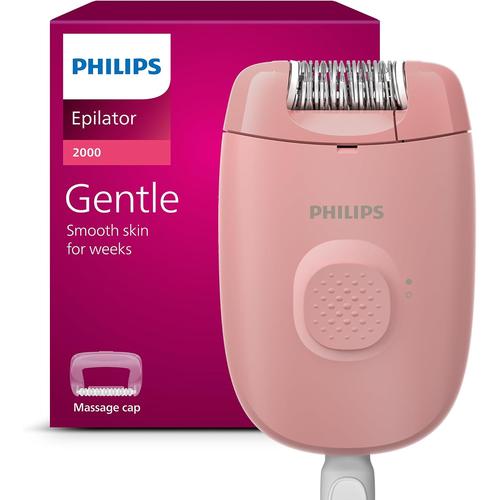 Compact pink Philips Series 2000 corded epilator with a massage cap attachment in front of its purple product packaging.