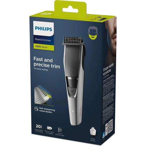 Philips Series 3000 silver and black beard trimmer in its retail packaging box with precision dial and attachment comb.