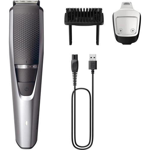 Philips Series 3000 silver beard trimmer with precision dial, lift and trim comb, detail attachment, and USB charging cable.