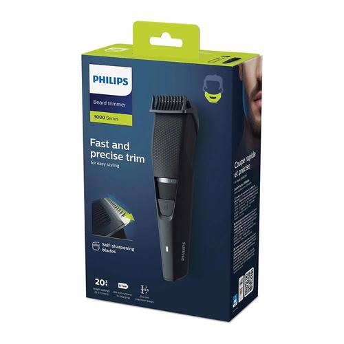 Philips Series 3000 black beard trimmer in retail packaging featuring self-sharpening blades and adjustable length settings.