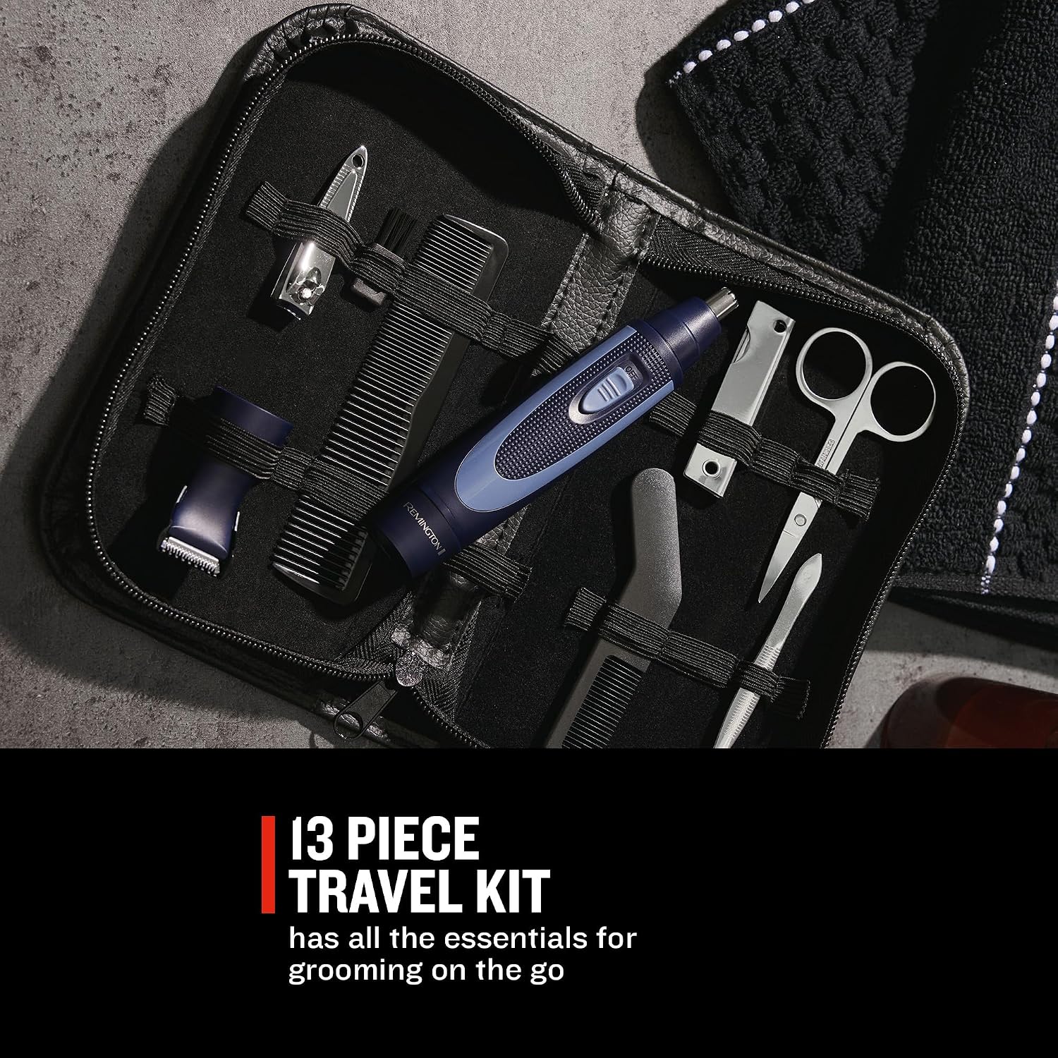 Remington Hygiene Travel Kit with Case (13 Pieces for Hair, Manicure, Pedicure etc., Beard Trimmer, Ear Hair, Facial Hair & Eyebrow Trimmer NE3890