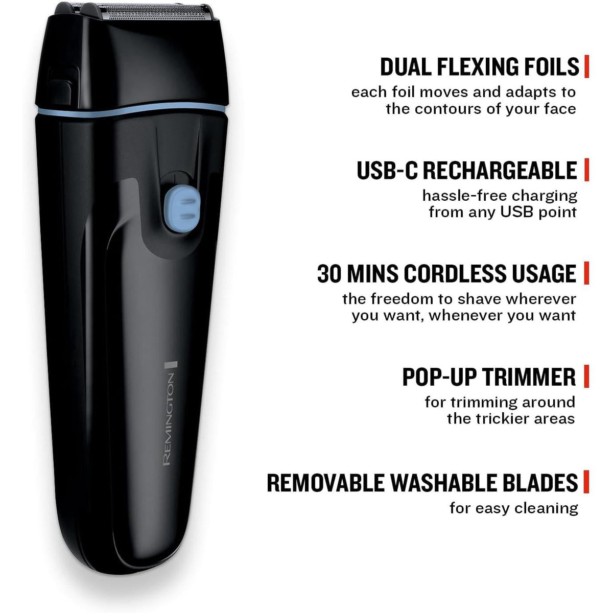 Remington Men's Electric Foil Shaver F1 (Pop-up Trimmer, 30 min Usage, Removable, Washable Blades, Cordless Usage, USB-C , 100% Waterproof) F1000