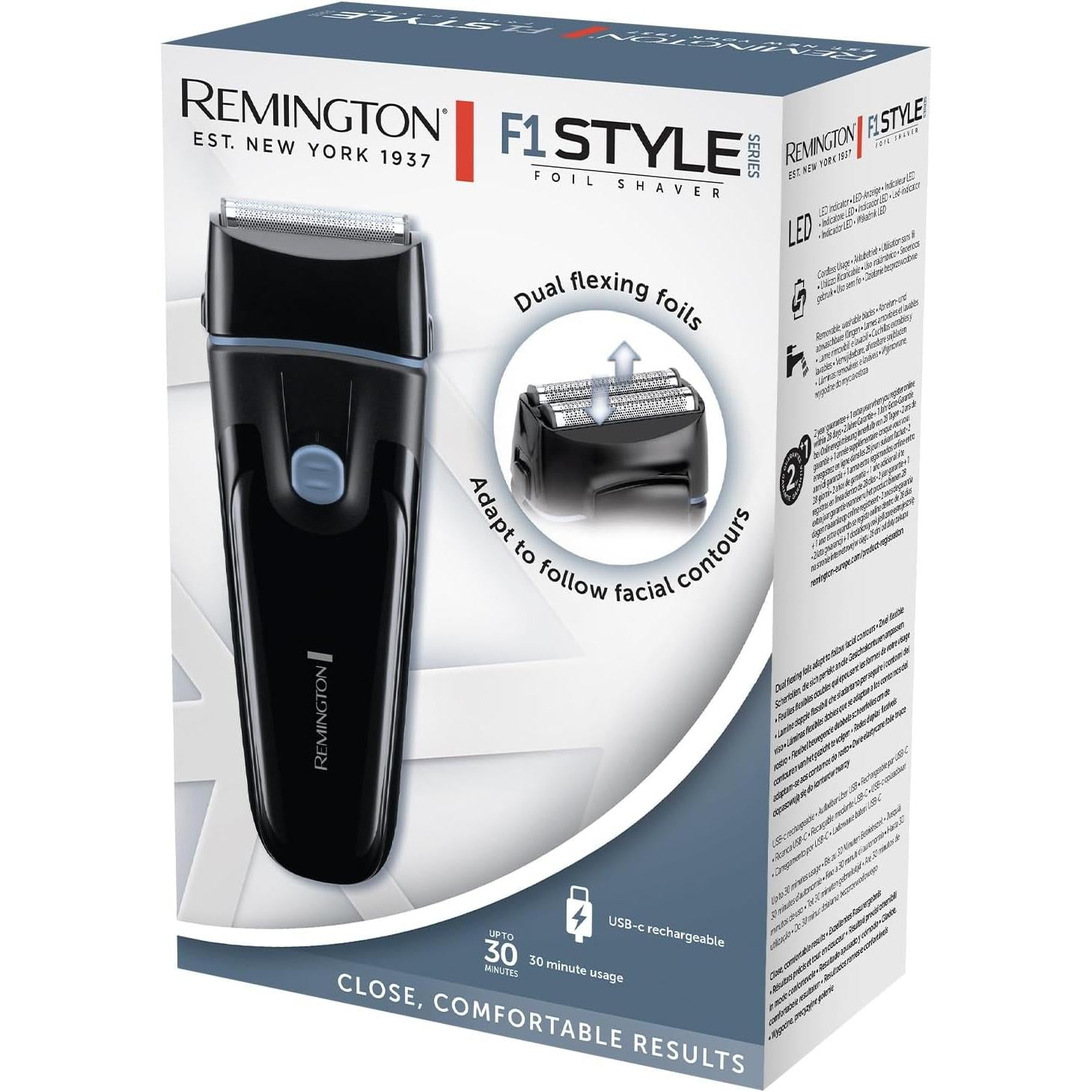 Remington Men's Electric Foil Shaver F1 (Pop-up Trimmer, 30 min Usage, Removable, Washable Blades, Cordless Usage, USB-C , 100% Waterproof) F1000