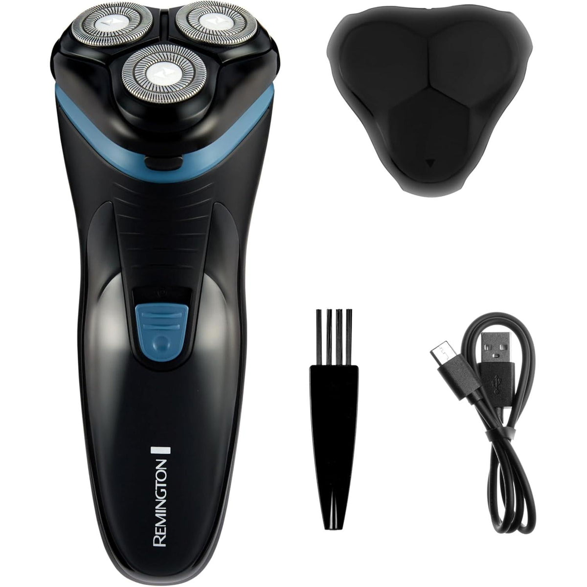 Remington R1 rotary shaver with three dual-track blades, head guard, cleaning brush, and USB-C charging cable.
