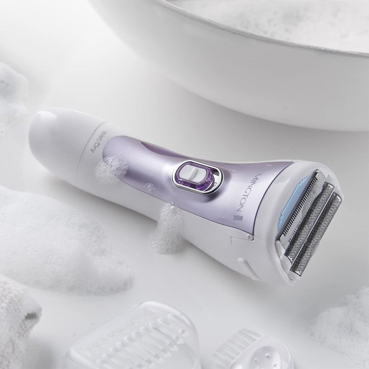 Remington Cordless Wet and Dry Lady Shaver, Showerproof Electric Razor with Bikini Attachment and Charge Stand, WDF4840, Purple - Healthxpress.ie