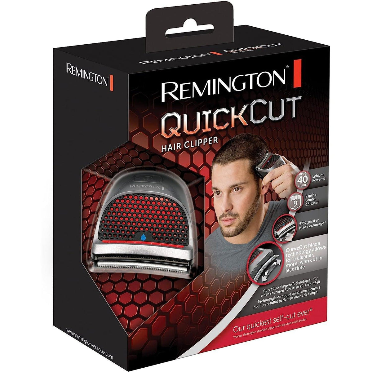 Remington Quick Cut Hair Clippers -9 Comb Lengths Curved Blade with Storage Pouch - HC4250, Black/Red - Healthxpress.ie