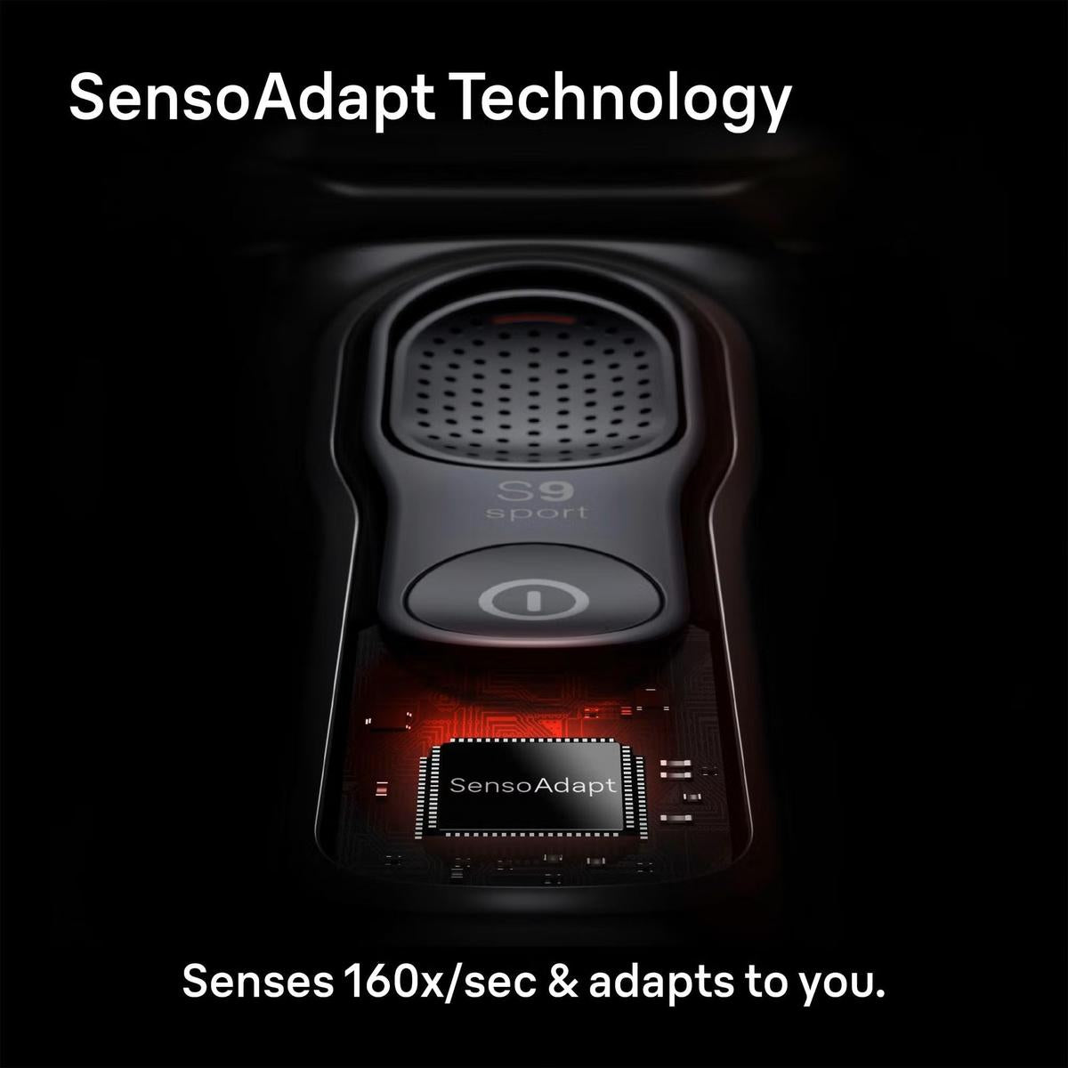 Black Braun Series 9 Sport electric shaver highlighting internal SensoAdapt sensor technology with a glowing red circuit.