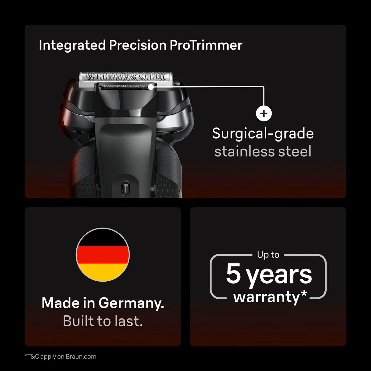 Braun Series 9 electric shaver featuring a stainless steel precision trimmer, German engineering, and 5-year warranty.