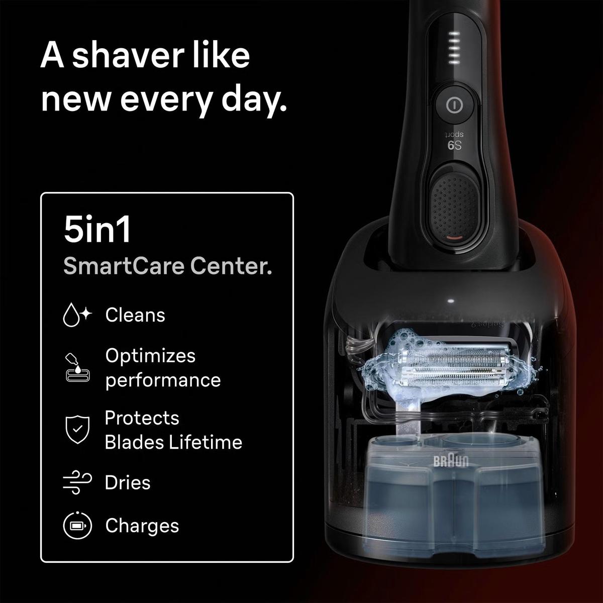 Black Braun Series 9 Sport electric shaver in a 5-in-1 SmartCare cleaning and charging station against a dark background.